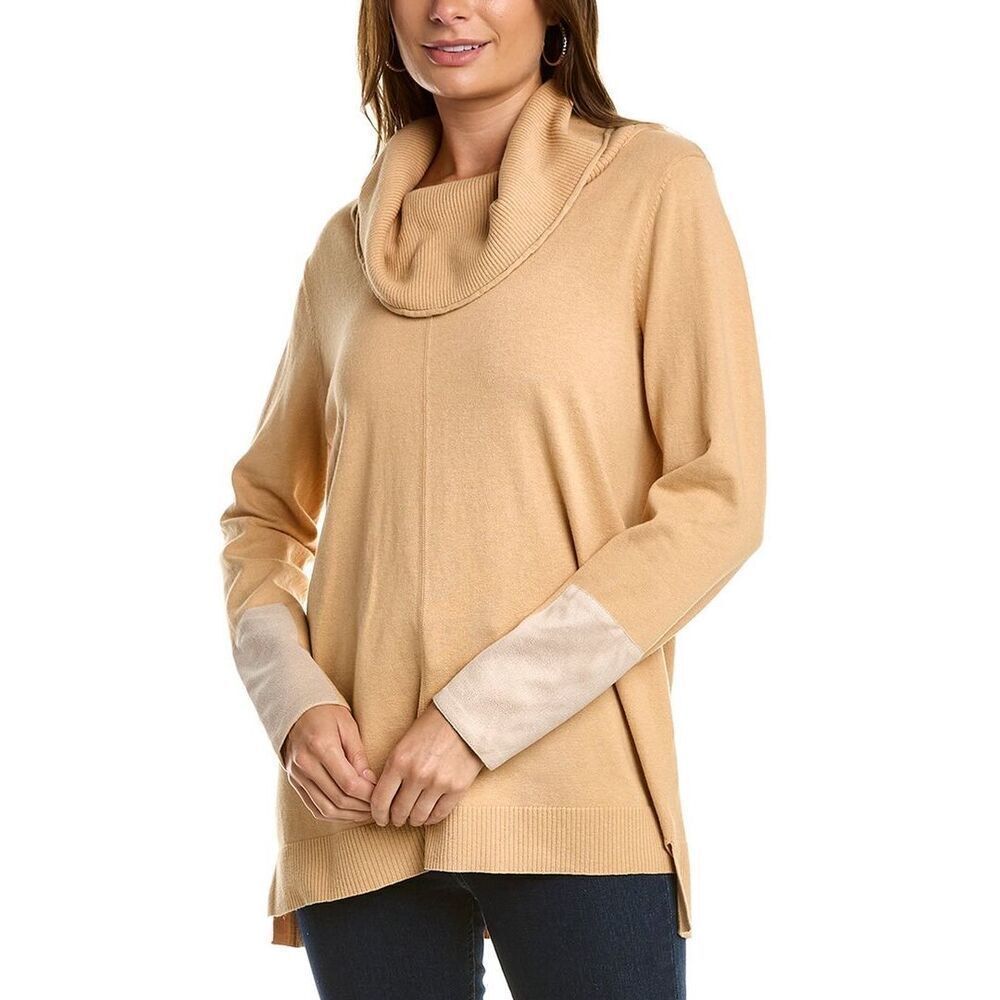 Tyler Boe Cashmere-Blend Cowl Neck Tunic Sweater Side Slit Camel Large